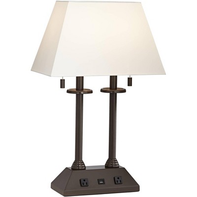 Regency Hill Traditional Desk Table Lamp with Hotel Style USB and AC Power Outlet in Base Bronze Rectangular Fabric Shade for Bedroom Office