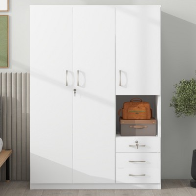 Vynxaria 2-Door Wooden Wardrobe with Shelves and 3 Drawers - Elegant Bedroom Storage Solution in White