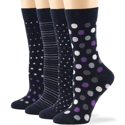 Women Cotton Calf Patterned Socks - 4 Pack - Striped, Dot, Geometric - M/L - Black, Brown, Navy | 7BIGSTARS KINGDOM