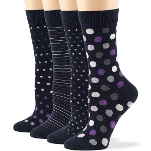Women Cotton Calf Patterned Socks - 4 Pack - Striped, Dot, Geometric - M/L - Black, Brown, Navy | 7BIGSTARS KINGDOM - 1 of 4