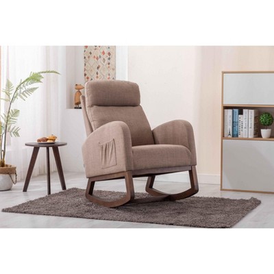 CAVINAS Linen Fabric Glider Rocking Chair with High Backrest,Modern Upholstered Rocking Chairs,Nursery Accent Chair for Bedroom