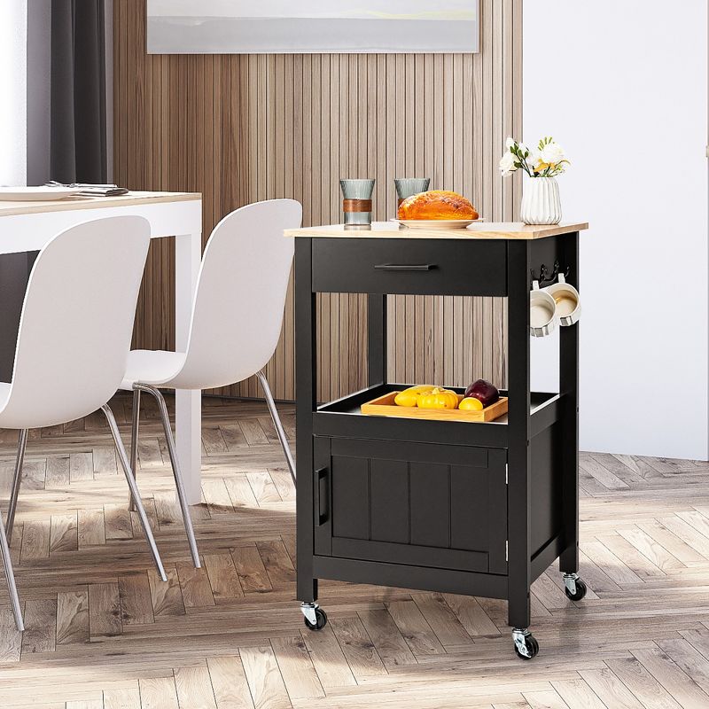 Costway Rolling Kitchen Island Cart on Wheels Bar Serving Trolley w/Drawer Cabinet Black\White, 3 of 11