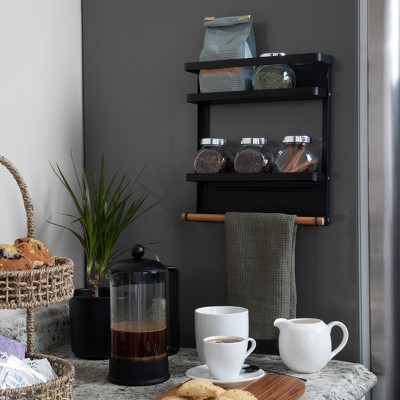 Black Metal Magnetic Wall Mounted Organizer with Wooden Towel Rack