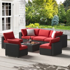 ELJGET 7-Piece Outdoor Patio Furniture Sets, All Weather PE Outdoor Sofa, Garden Wicker Rattan Patio Conversation Set with Coffee Table - 1 of 4