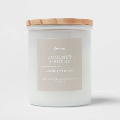Milky White Glass Coconut and Honey Lidded Wooden Wick Jar Candle 9oz - Threshold™