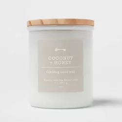 9oz Milky White Glass Woodwick Candle with Wood Lid and Stamped Logo Coconut and Honey - Threshold™