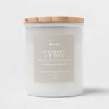 Milky White Glass Woodwick Candle with Wood Lid and Stamped Logo Coconut and Honey - Threshold™