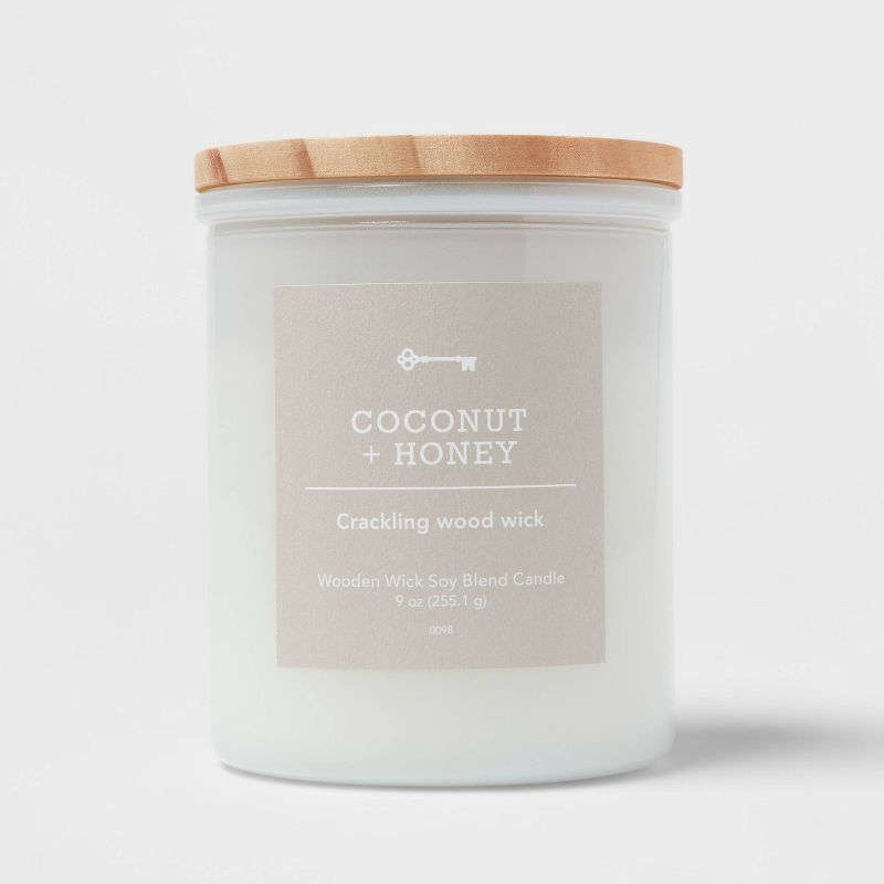 Milky White Glass Coconut and Honey Lidded Wooden Wick Jar Candle 9oz - Threshold&#8482;, 1 of 4