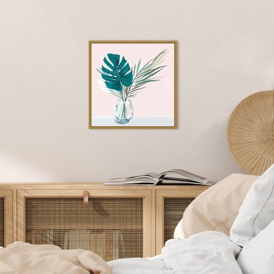 Tropical Green Leaves on Pink Canvas Wall Art with Gold Frame