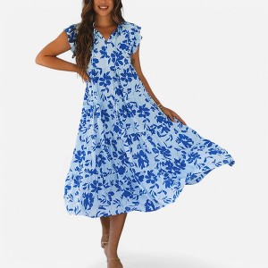 Amaryllis Women's Floral Tiered Midi Dress with Ruffle Cap Sleeves Button-Front Design Flowy Fit - 1 of 4