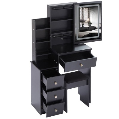 Sapphtopaz Makeup Vanity Desk with Sliding Mirror, Space-Saving Makeup Table with 2-Drawer & Waterproof Stool, Dresser for Bedroom