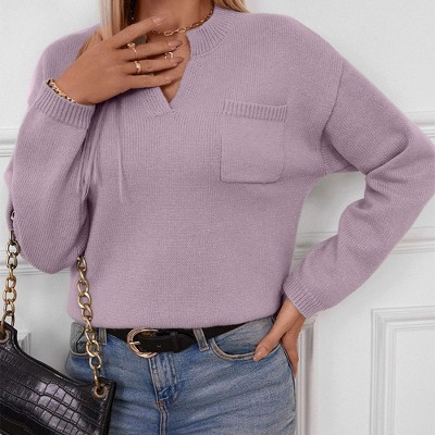 Coolmee Women Casual Loose V Neck Long Sleeve Pullover Knit Sweater Tops With Pocket