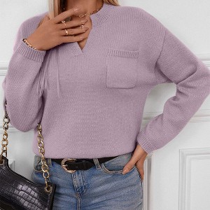 Coolmee Women Casual Loose V Neck Long Sleeve Pullover Knit Sweater Tops With Pocket - 1 of 4