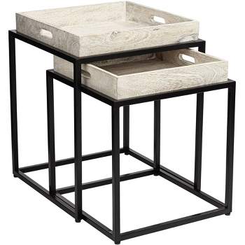 Coast to Coast Accents Farmhouse Rustic Country Wood Black Iron Square Nesting Tables Set of 2 Natural Mango Tray Tabletop for Spaces Living Room