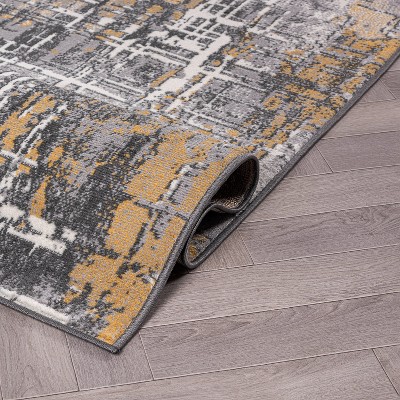 Yellow and Gray Abstract 5' x 7' Stain-Resistant Synthetic Area Rug