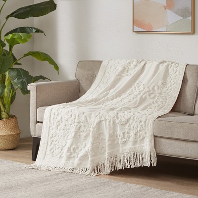 100% Cotton Botanical Tufted Throw Blanket, Bohemian Style Lightweight Breathable Blanket for All Seasons
