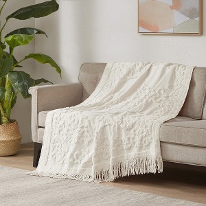 100% Cotton Botanical Tufted Throw Blanket, Bohemian Style Lightweight Breathable Blanket for All Seasons - 1 of 4