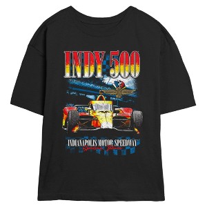 Juniors Womens Indy 500 Distressed Red and Yellow Racing Car T Shirt - 1 of 4