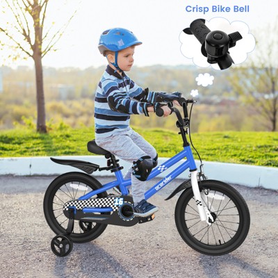 Infans 16 Inch Kids Bike w/Training Wheels & Handbrake, Fully Enclosed Chain, Adjustable Handlebar & Seat w/Basket, Blue Chessboard Pattern