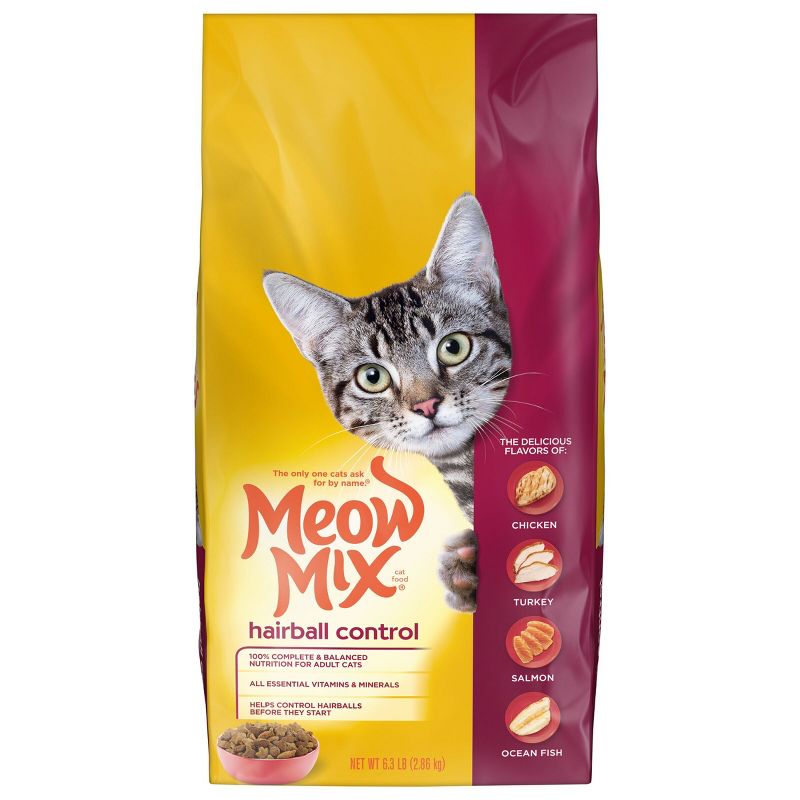 Meow Mix Hairball Control with Flavors of Chicken, Turkey , Salmon &#38; Ocean Fish Adult Complete &#38; Balanced Dry Cat Food - 6.3lbs, 1 of 7