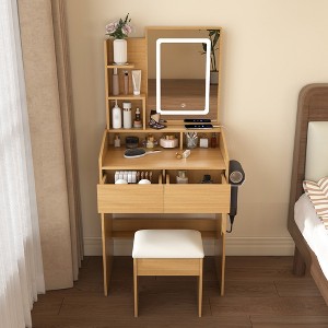 Gulches Wooden Vanity Table with Mirror, Hairdryer Holder & Padded Stool, Compact Dressing Desk with 2 Drawers,Open Shelf - 1 of 4