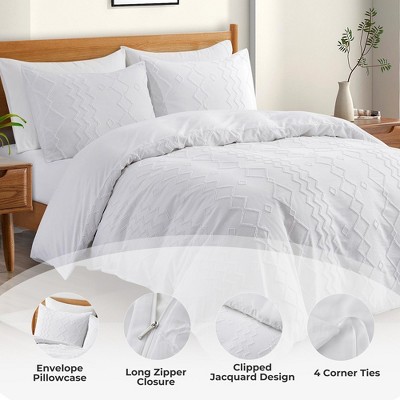 White Geometric Jacquard Duvet Cover Set, Full/Queen