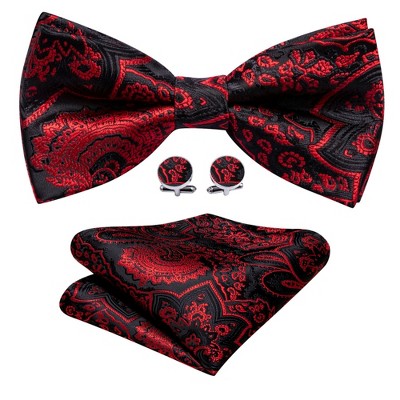 Men's Black And Red Paisley 100% Silk Pre-Tied adjustable Bow Tie Pocket Square Cufflinks Set