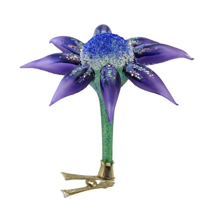 Morawski Purple Pedal & Blue Center Clip On Flower 1 Clip On Ornament 5 Inch, Glass Floral Spring 10226 5.0 Inch Purple Pedal And Blue Center Clip On
