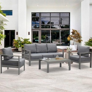 Heynemo Aluminum Outdoor Patio Furniture Set, 4 Pcs Modern Outdoor Conversation Set Sectional Sofa with Cushion and Coffee Table for Balcony - 1 of 4