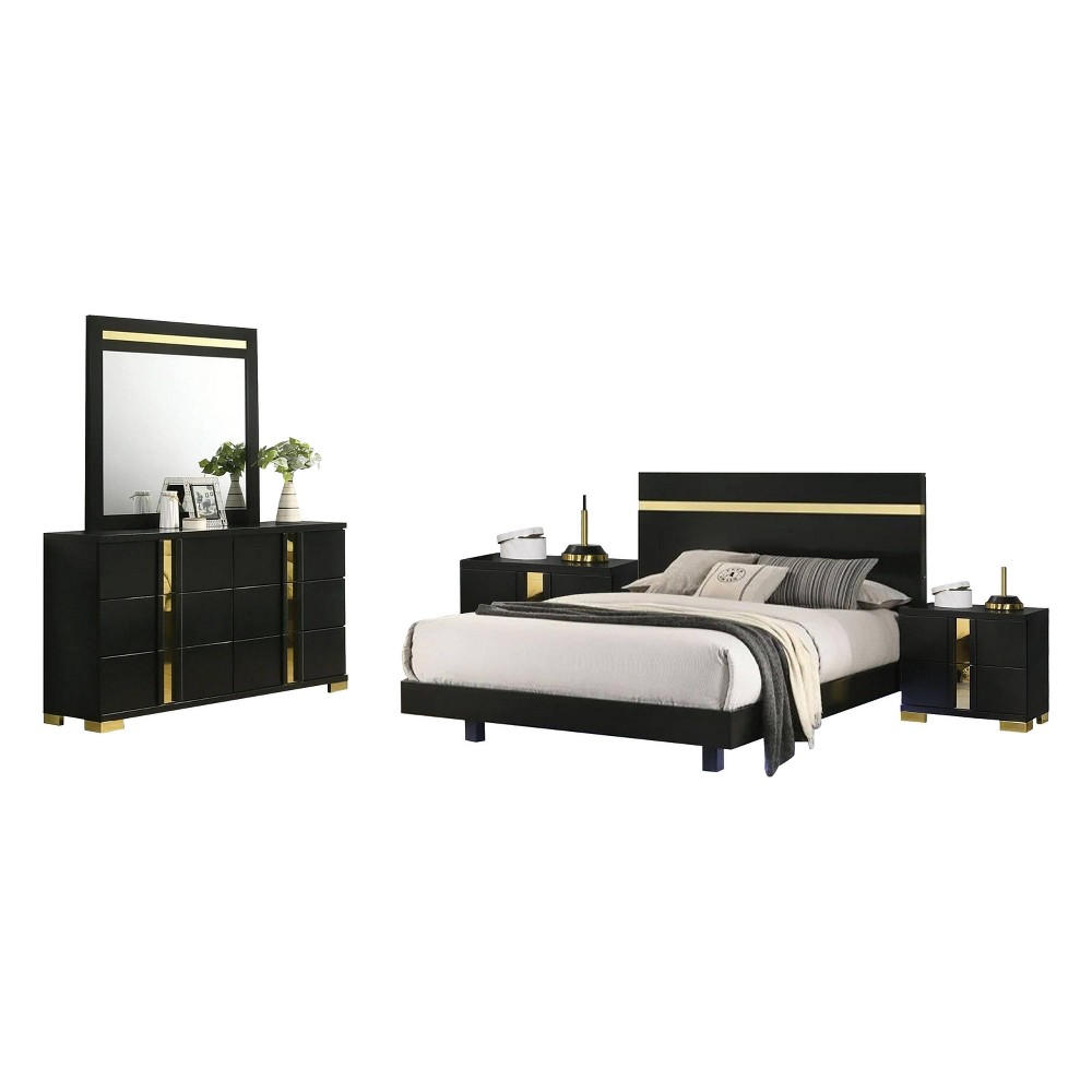 Benzara Yoki 5pc Queen Bedroom Set w Underbed LED Black and Gold 2 Nightstands