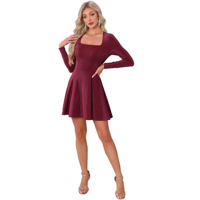 INSPIRE CHIC Women's Sparkly Square Neck Long Sleeve Cocktail Club A-Line Evening Party Dress