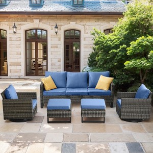 5 Piece Outdoor Patio Furniture Set Wicker Patio Conversation Set, Outdoor Swivel Rocker Chairs with 3-Seater Sofa and 2 Ottomans for Small Space - 1 of 4