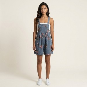Anna-Kaci Women's Floral Denim Overall Romper Adjustable Strap Sleeveless Shortalls Loose Fit - Small, Blue