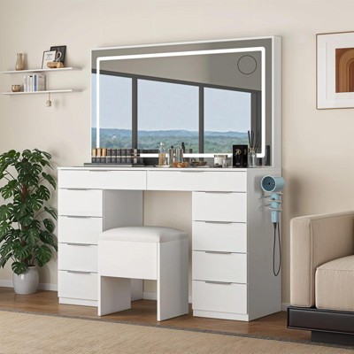 10 Drawers Vanity Desk Makeup Glass Tabletop Mirror LED Light With Stool