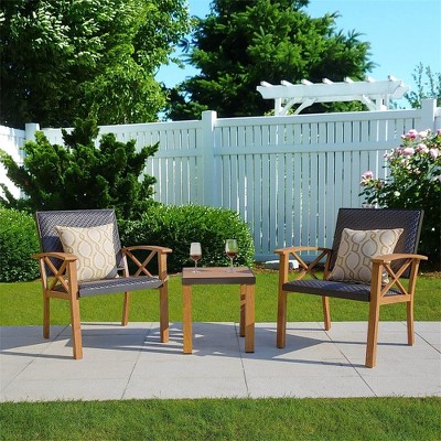 Set 3 Pieces with Wood Grain Aluminum Wicker Padded Porch Chairs,Coffee Table,Outdoor Conversation Set with Beige Sunbrella Pillows