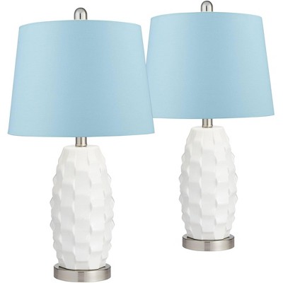 360 Lighting Modern Coastal Table Lamps 24 1/2" High Set of 2 White Ceramic LED Blue Hardback Drum Shade for Bedroom Living Room House Home Nightstand