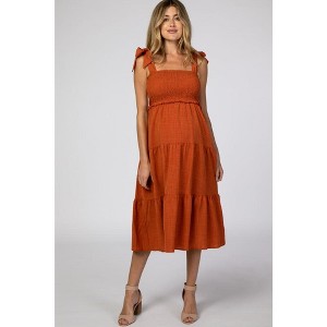 Pinkblush Rust Bow Strap Tiered Maternity Midi Dress - 1 of 4