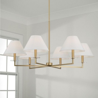Aged Brass 6-Light Chandelier with White Fabric Shades