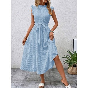 Womens Summer Dress Ruffle Flutter Sleeve Tie Waist Flowy Belted Maxi Dress - 1 of 4