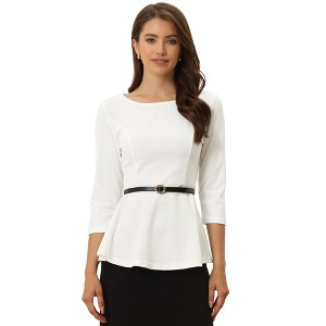 INSPIRE CHIC Women's 3/4 Sleeve Belted Elegant Business Work Peplum Top - 1 of 4