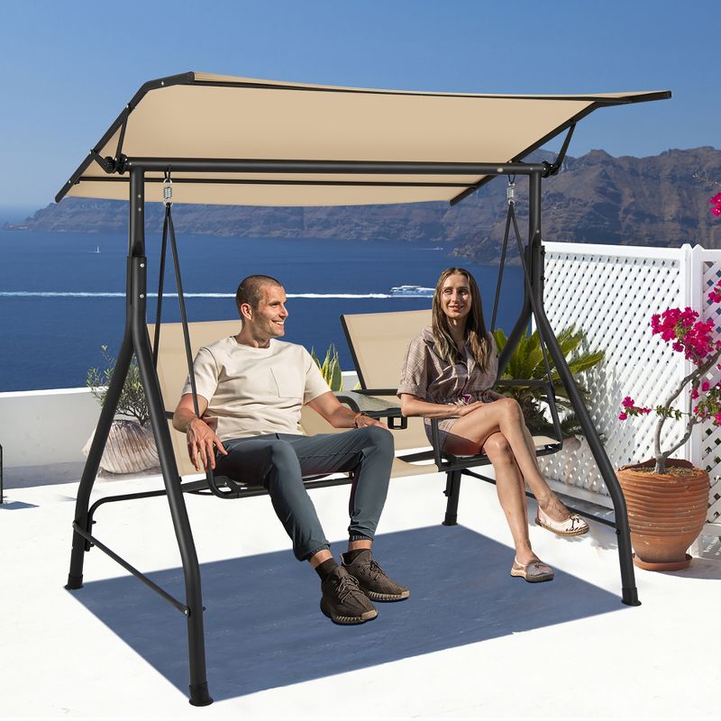 Costway 2-Seat Outdoor Patio Swing Adjustable Canopy Tempered Glass Table Top Cup Holder, 2 of 11