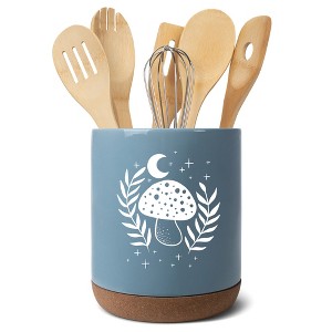 Elanze Designs 8 inch Moon Mushroom Leaf and Stars Large Ceramic Kitchen Utensil Holder Sky Blue and White Crock with Cork Base - 1 of 4
