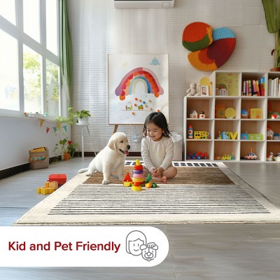 Keeva Beige and Black Striped Synthetic Area Rug