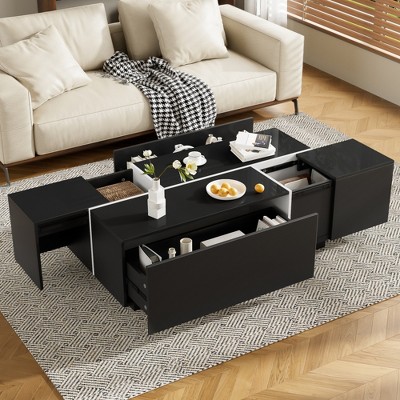 JUJABU 47.2''-72.7'' Multi-Functional Extendable Coffee Table with High-Gloss Finish, 2 Hidden Storage Space and 2 Drawers for Living Room - Black