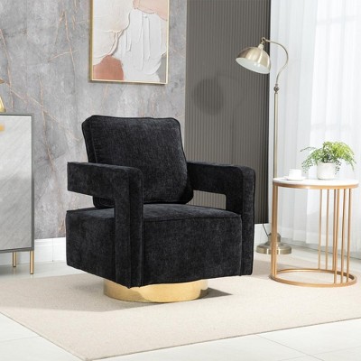 SKRAN 30.7"W Swivel Accent Chair Modern Sofa Chair With Gold Stainless Steel Base For Nursery Bedroom Living Room Hotel Office(Black Chenille)