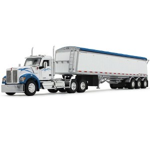 Kenworth W990 Day Cab and Lode King Distinction Hopper Trailer White and Blue 1/64 Diecast Model by DCP/First Gear - 1 of 1