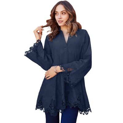 Roaman's Women's Plus Size Poplin Embroidered Swing Tunic