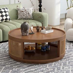 37'' Wooden Coffee Table, Mid-Century Modern Round Cane Coffee Table With PE Rattan Side With 2-Tier Storage, Side Table For Living Room - 1 of 4