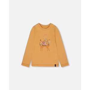 Deux par Deux Girl Organic Cotton T-Shirt Golden Yellow with Cat - 1 of 4