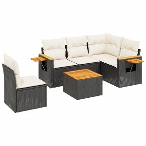 vidaXL 6 Piece Patio Sofa Set with Cushions Black and Cream Poly Rattan - With Table - 1 of 4